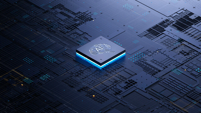 AI chip on a circuit board. Symbolizes technological advancement and artificial intelligence integration. 3d rendering, conceptual image.