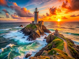 Panoramic View of Douelan Lighthouse, Brittany Coast, Dramatic Seascape, Sunset