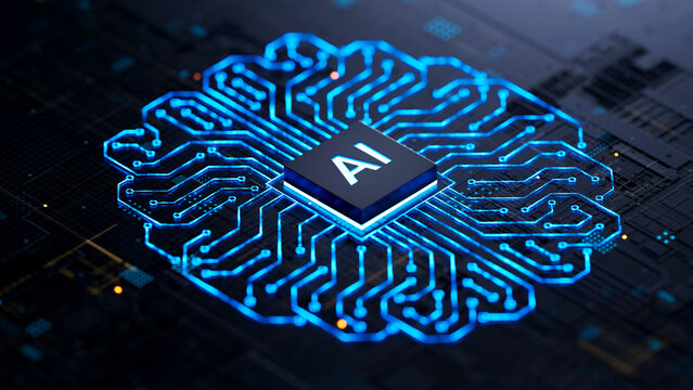 AI chip on a circuit board. Symbolizes technological advancement and artificial intelligence integration. 3d rendering, conceptual image.
