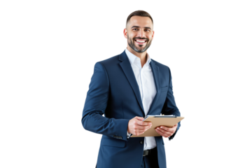 A cheerful man in a navy blue suit holding a clipboard, isolated on a white background. Professional and confident business concept. Ai generative