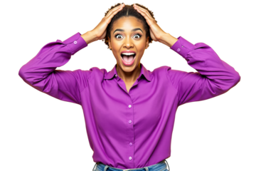 Woman in a purple shirt holding her head with a surprised and joyful expression. Isolated on a clean white background. Concept of excitement. Ai generative.
