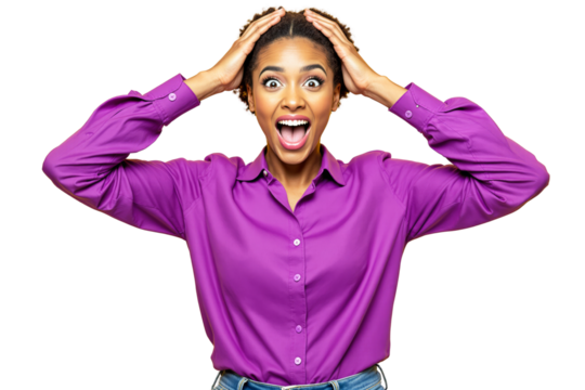 Woman in a purple shirt holding her head with a surprised and joyful expression. Isolated on a clean white background. Concept of excitement. Ai generative.