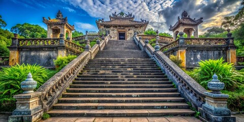 Obraz premium Panoramic View of Grandiose Stairs Leading to Khai Dinh Tomb, Hue, Vietnam