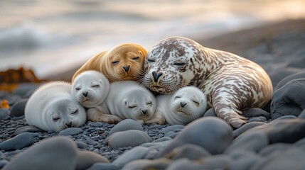 Obraz premium Adorable seal family cuddles on rocky beach at sunset.