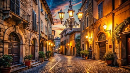 Obraz premium Panoramic View of Italian City Street at Night with Antique Chandelier Streetlight