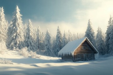 A snow-covered wooden cabin nestled in a tranquil winter forest, bathed in soft sunlight.