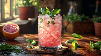 Refreshing grapefruit basil cooler home kitchen beverage photography rustic environment close-up view summer vibes