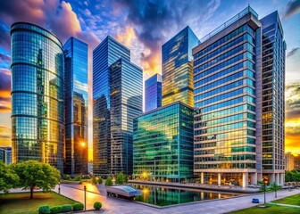 Fototapeta premium Panoramic View of Modern Business District Office Buildings