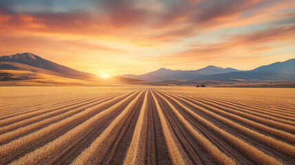 Obraz premium stunning sunset over golden field with rows of crops, mountains in background, and colorful sky. scene evokes tranquility and beauty of nature