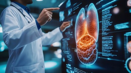 Medical professor demonstrates advanced holographic technology for lung and brain visualization in a research lab