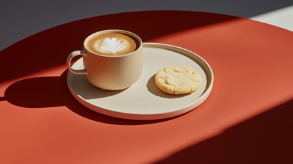Flat White in a Matte Beige Cup with a Crisp Sugar Cookie on a Stone Surface and Deep Coral Background for Vibrant Contrast
