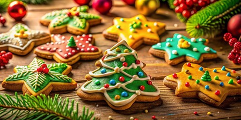 Obraz premium Festive Holiday Cookie Arrangement on Rustic Wooden Table, Colorful Treats, Christmas Baking