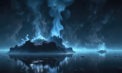 Fototapeta premium A mysterious blue environment with small drops of fog or smoke suspended in a dimly lit space, creating an eerie and ominous atmosphere , abstract, eerie