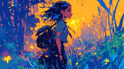 City Pop Dreamscape, vibrant anime illustration of a young woman in a dusky forest, glowing fireflies, bold outlines, simple colors, cool dreamy palette, geometric pop art influence