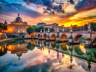 Fototapeta premium Panoramic View of Ponte Sant'Angelo Bridge, Rome, Italy - Sunset