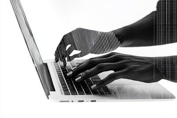 Mysterious black hands type on a laptop, data streams overlaying the scene, creating a digital enigma.