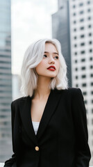 Fototapeta premium modern stylish woman with silver hair in chic black outfit, exuding confidence in urban setting