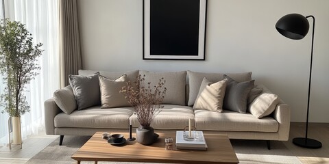 Modern Living Room Interior with Poster Mockup