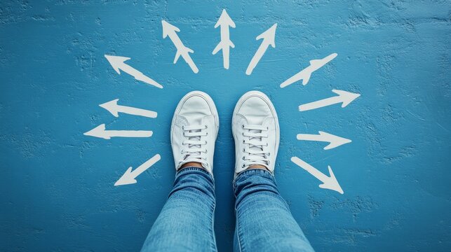 Sneakers with arrows symbolizing choices and decisions. Great for themes of decision-making, opportunity, and life direction.