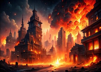 Naklejka premium Fiery Cityscape Destruction: Low-Light Dramatic Stock Photo