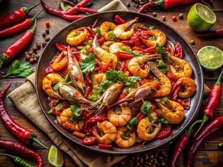 Panoramic View of Spicy Shrimp with Dried Chiles - Camarones con Chile Seco