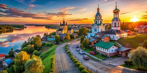 Obraz premium Panoramic View of Varvarinskaya Street and St. Barbara's Church, Plyos, Russia