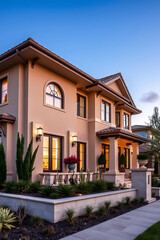 Luxury Home Exterior at Dusk: Modern Architectural Design, Elegant Facade, Landscaping, and Garden