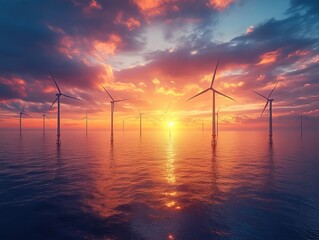 Obraz premium Offshore wind farm at sunset, ocean, vibrant sky (1)