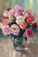 Digital Illustration of Multicolored Roses in a Vase