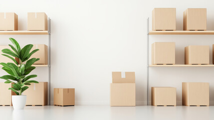 Minimalist storage area with cardboard boxes and potted plant. organized space features shelves and clean, bright environment, ideal for efficient storage solutions