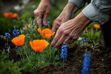 Fototapeta premium Elderly hands tenderly planting vibrant orange California poppies and blue lupines in rich soil.