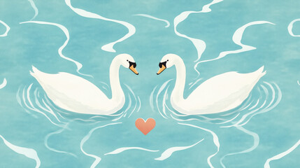 Obraz premium pair of swans in serene watercolor pond, surrounded by soft blue tones, symbolize love and tranquility