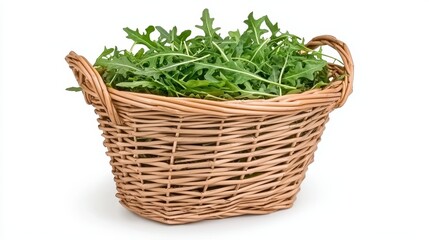 Obraz premium Harvesting fresh arugula greens from a wicker basket home garden food photography natural setting close-up organic lifestyle