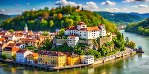 Fototapeta premium Passau, Germany: Miniature Oberhaus Fortress overlooking the Danube River - Tilt-Shift Photography
