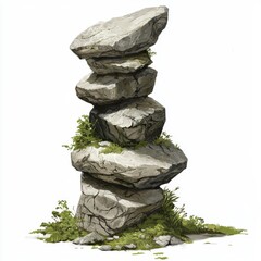 Stacked Natural Rocks with Greenery on White Background Ideal for Nature and Outdoor Themes