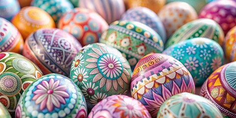 Obraz premium Pastel Easter Eggs with Intricate Designs - Close-up Spring Holiday Decoration