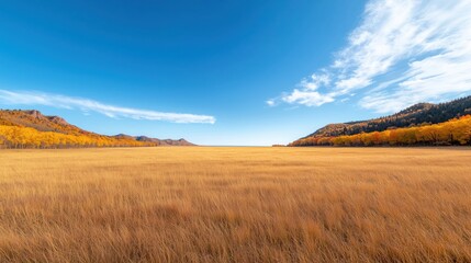 Golden Autumn Meadow with Vibrant Trees and Clear Blue Sky