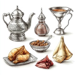 Arabic tea, pastries, sweets, still life, white background; food illustration