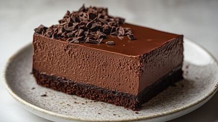 Close-up of a slice of chocolate cake decorated with chocolate chips.