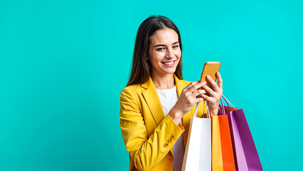 Happy woman using shopping apps, Joyful Woman Shopping Online: Exploring Deals and Offers Through Mobile Apps, online shopping, shopping banner, shopping copy space