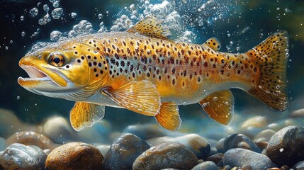 Fototapeta premium A brown trout swimming underwater, surrounded by clear blue water with bubbles rising to the surface.