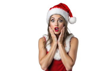 Surprised woman in red Santa hat and festive fur-trimmed outfit, holding face with hands, isolated on a white background. Concept of holiday cheer. Ai generative.