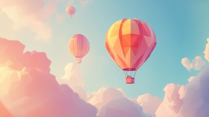 Obraz premium Three hot air balloons float in the sky, surrounded by stylized polygonal clouds and blue sky