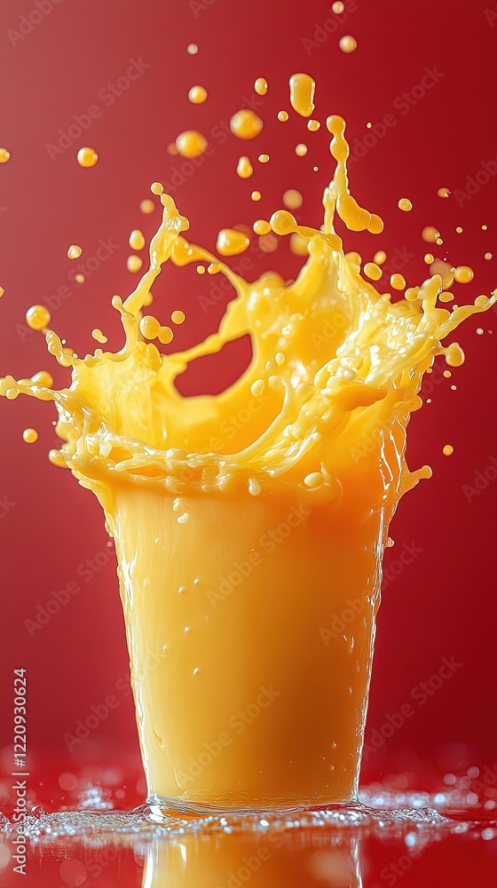 Poster orange juice splashing in glass on red background with bokeh