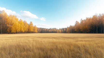 Golden Autumn Meadow with Vibrant Trees and Clear Blue Sky