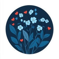Forget-Me-Not flowers illustration in round frame with hearts on white background, colorful floral print, simple flat design