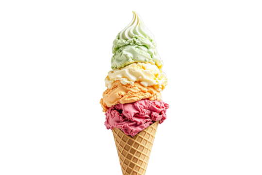 A colorful ice cream cone featuring scoops in green, yellow, orange, and pink shades on a white background. Sweet dessert concept. Ai generative