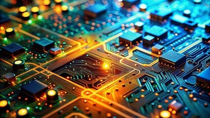 Obraz premium Futuristic Server Motherboard: Orange, Green, & Blue Circuit Board Technology Background with Bokeh