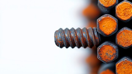Macro view of a corroded wood screw with vivid rust patterns, showcasing industrial decay, minimal white backdrop