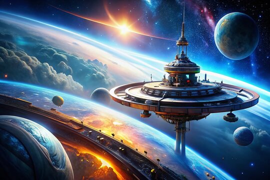 Futuristic Space Starbase Station and Spaceship Orbiting a Planet - Sci-Fi Stock Photo